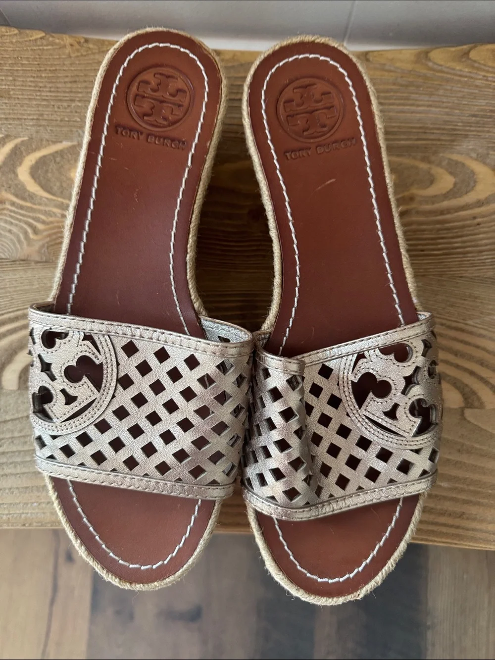 Tory Burch Metallic Espadrille Wedge Slide - Gold Size 8.5